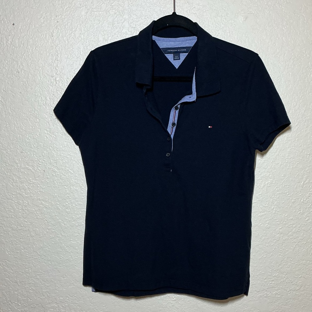 Tommy Hilfiger Navy Blue Polo Shirt Women Size L Classic Logo